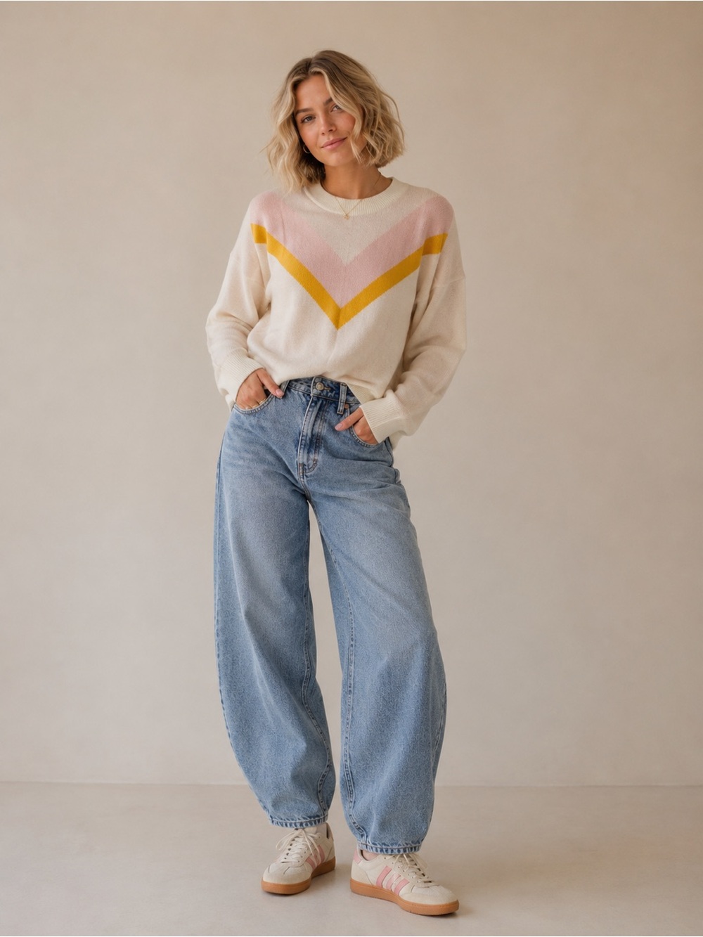 Kari Traa Chevron Knit Sweater Cream Pink Yellow Women’s XS